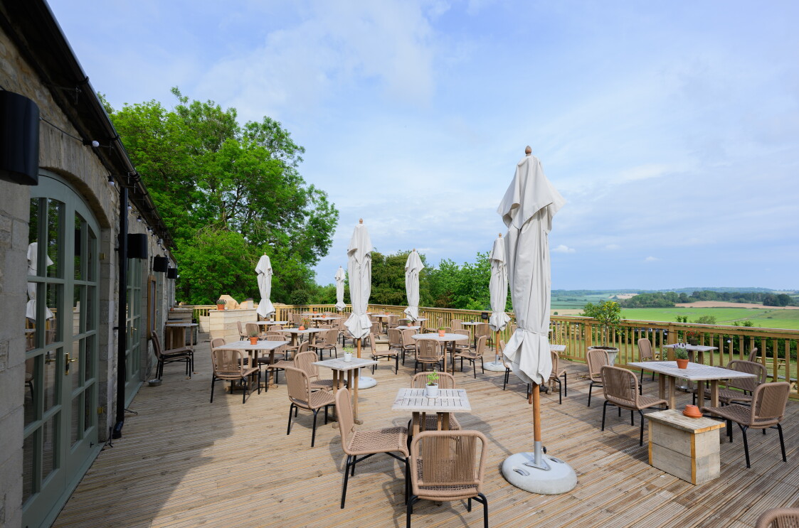 The terrace at The Farmer's Dog in Burford, Jeremy Clarkson's proper British pub from Clarkson's Farm season 4