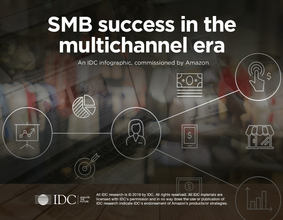 Graphic that says "SMB success in the multichannel era" a cover page for an IDC study comissioned by Amazon