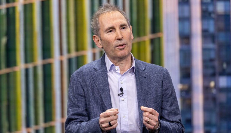 Amazon CEO Andy Jassy presents at an Amazon meeting for all employees.
