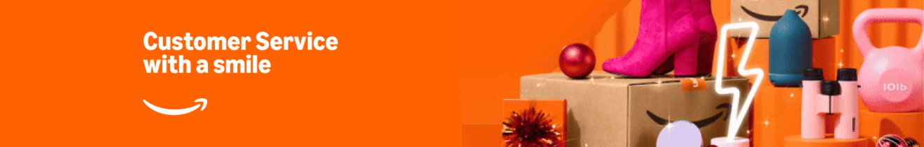 Colorful customer service banner with Amazon smile logo and various products. Text: Customer Service with a smile