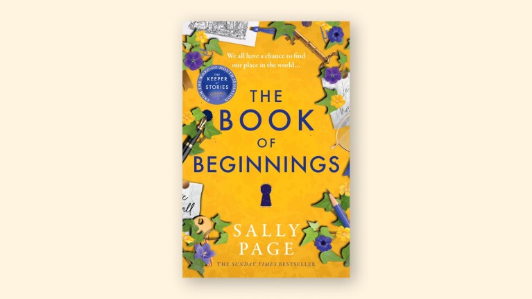 Book cover: The Book of Beginnings by Sally Page, yellow background with floral accents