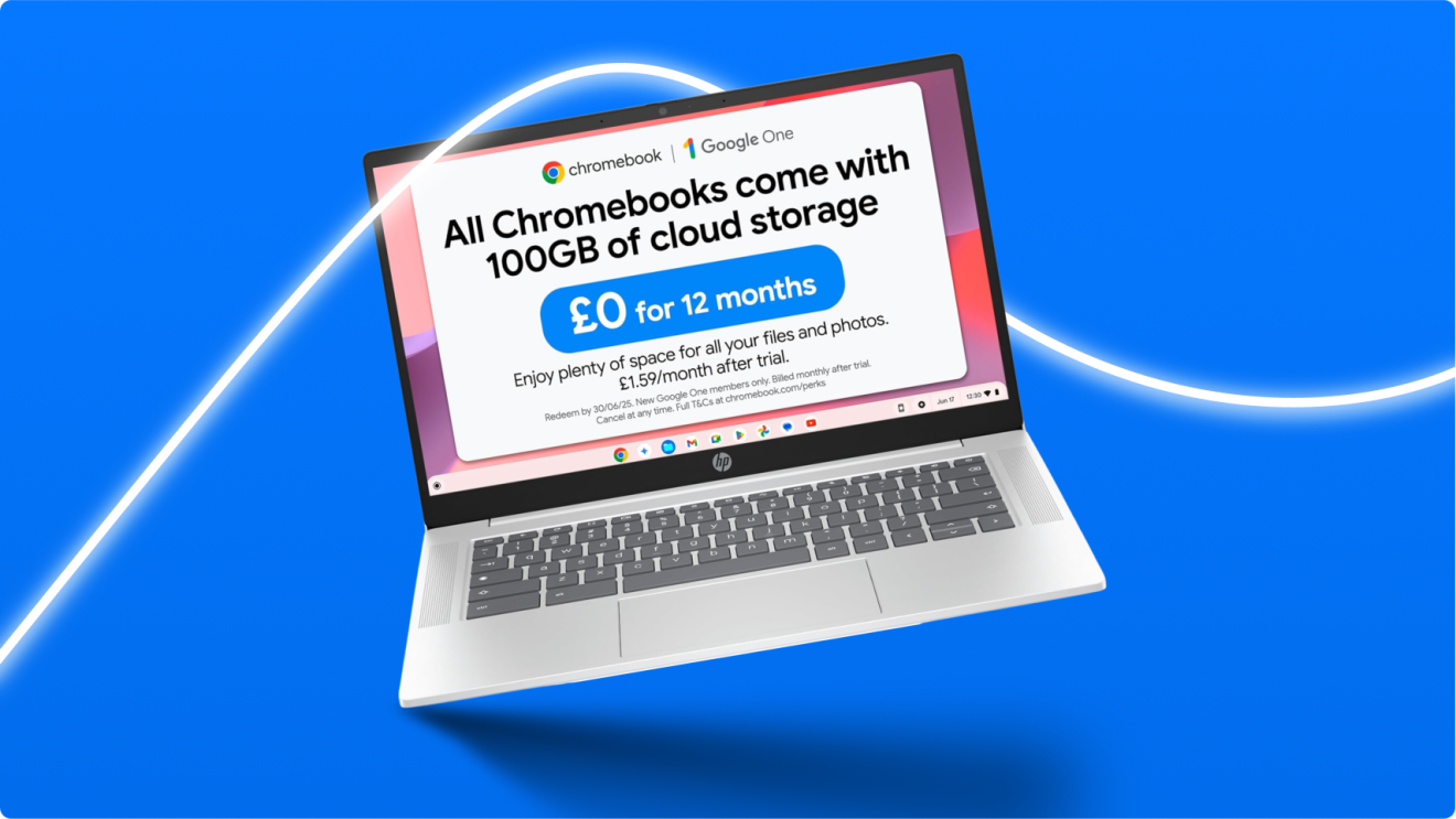 HP laptop displaying Google One cloud storage promotion