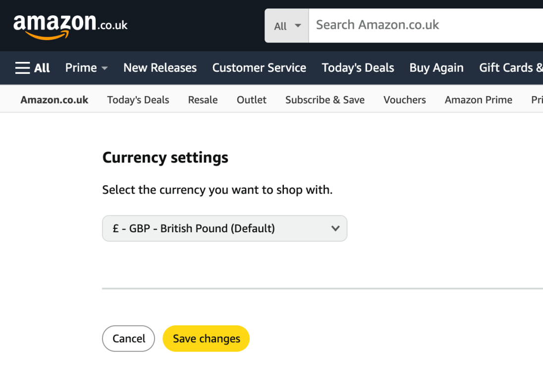 A screenshot from the Amazon UK website showing the 'Currency settings' page
