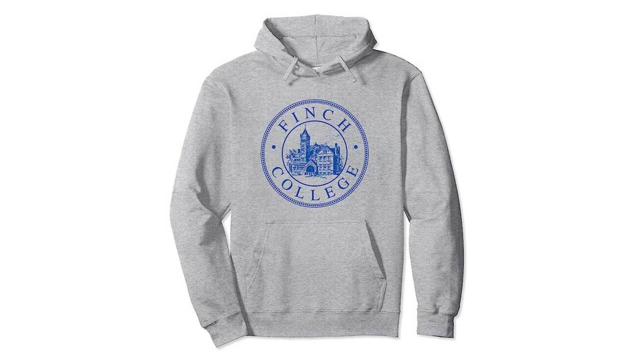 Image of Finch College grey pullover hoodie.