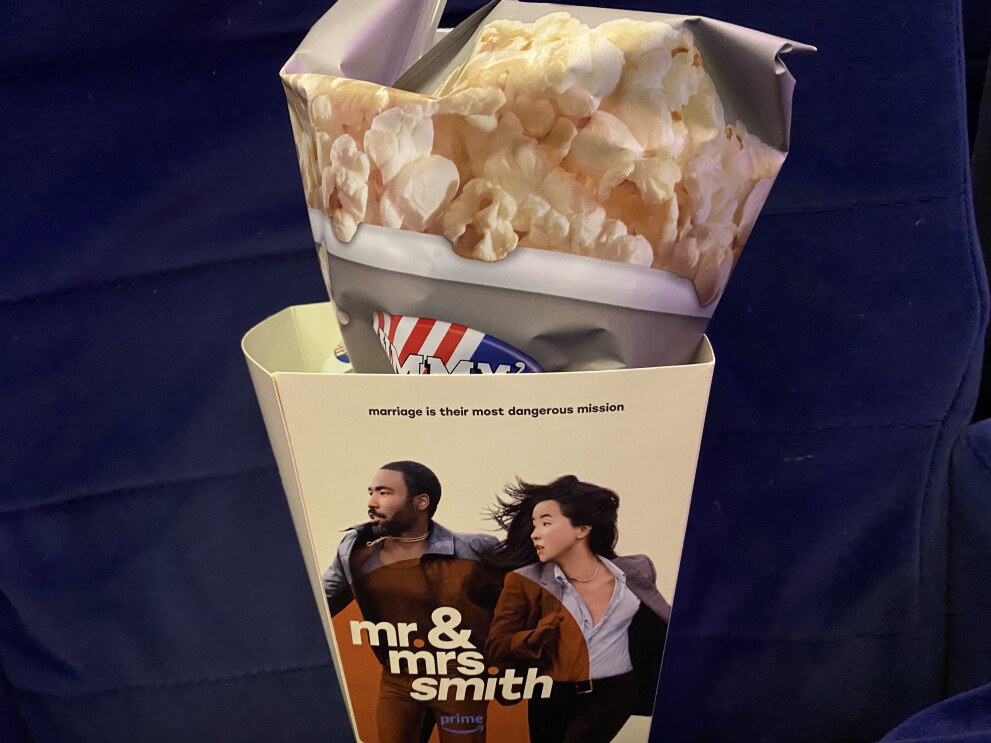 Popcorn on a blue surface at the Mr. & Mrs Smith screening