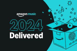 Graphic of stylized box emitting music notes for Amazon Music 2024 Delivered