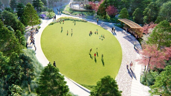 位于弗吉尼亚州阿灵顿的亚马逊第二总部大都会公园的效果图。