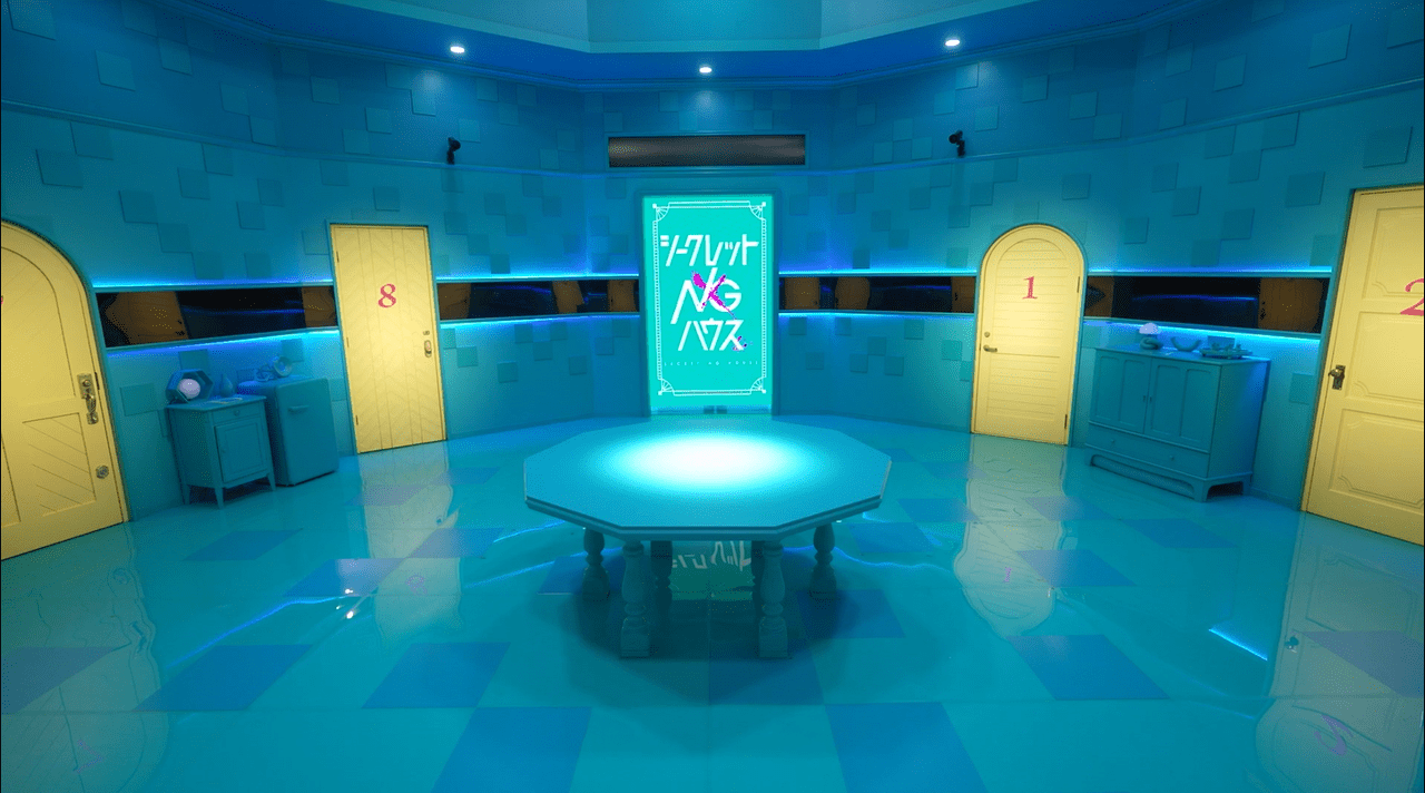 水色で統一された部屋。左右にデザインの異なる黄色いドアが2つずつあり、それぞれピンク色の数字がふられている。中央に水色の十角形テーブル、その背後の壁面にセルリアンブルーの区画があり、白文字で「シークレットNGハウス」という表示。
