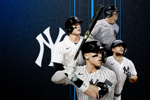 A collage-style photo of six New York Yankees players swinging their bats. 