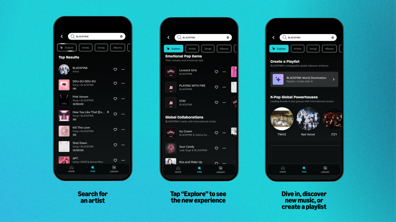 Amazon Music AI-powered search: Music streaming app layout featuring BLACKPINK and other K-pop artists