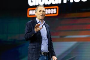 Andy Jassy giving speech with at Amazon all employee meeting