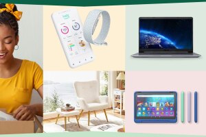 Smiling woman opening box, fitness tracker, a laptop, stylish living room interior, kids' tablet