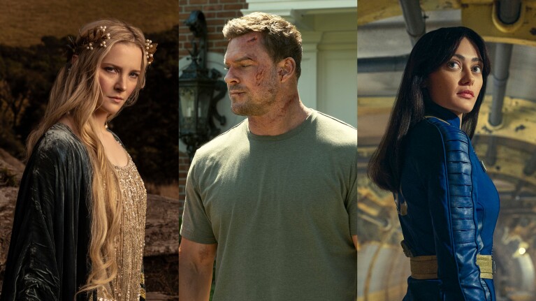 Amazon Upfront: Three characters from a TV series or film in contrasting costumes and environments, Reacher, The Lord of the Rings: The Rings of Power, Fallout