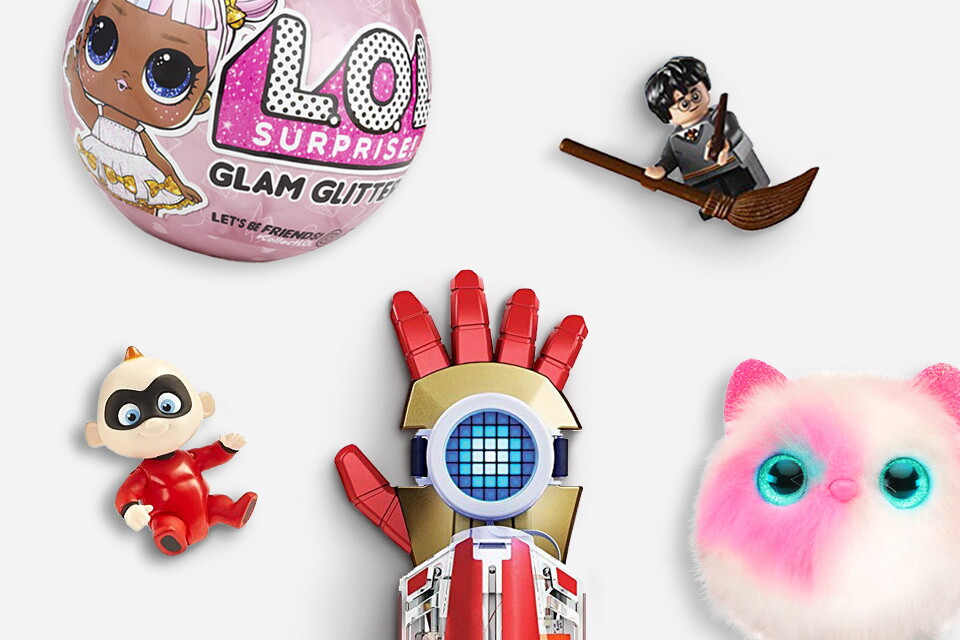 Toy tops for 2018 including (left to right, top row to bottom row) furreal Munchin' Rex, Harry Potter LEGO figurine, LOL Glam Glitter surprise doll,   littlebits Avenger Hero Adventure Kit, JackJack from The Incredibles 2, and Pomsie interactive wearable stuffed animal.