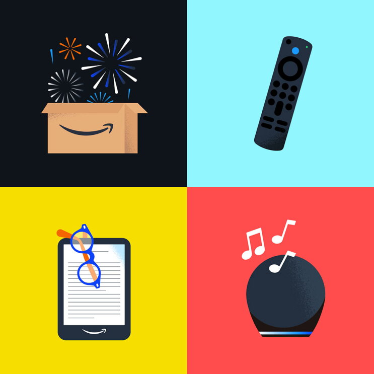黒、水色、黄色、赤の4つの正方形。それぞれにAmazonロゴ入りの段ボール箱と打ち上げ花火、リモコン、タブレットと眼鏡、球状のスピーカーのイラスト