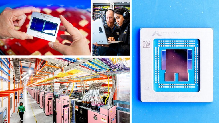 Amazon AI innovation scenes including quantum computing hardware, the inside of a data center, engineering teamwork, and custom chips