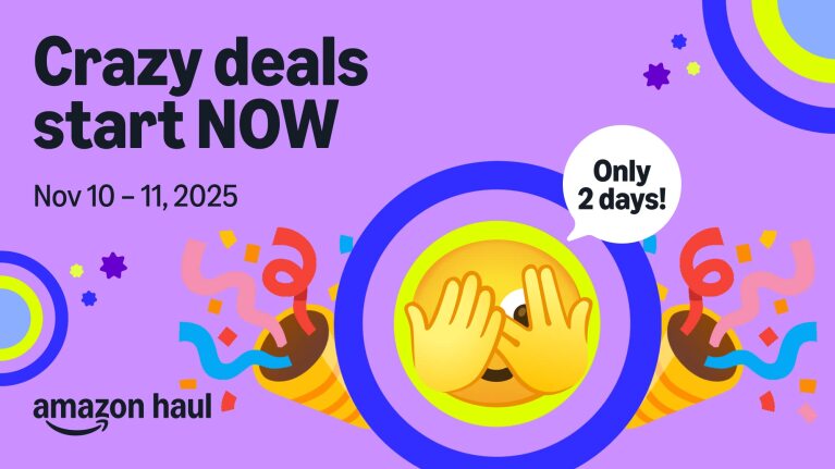 Amazon Haul sale announcement with emoji and colorful graphics