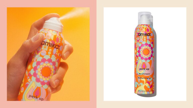 On the left a hand sprays a bottle of amika dry shampoo. On the right a bottle of amika dry shampoo on a white background.