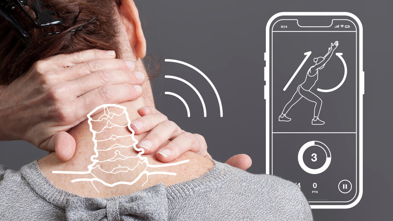 A woman bracing the back of her neck with illustration overlay to show her neck pain.