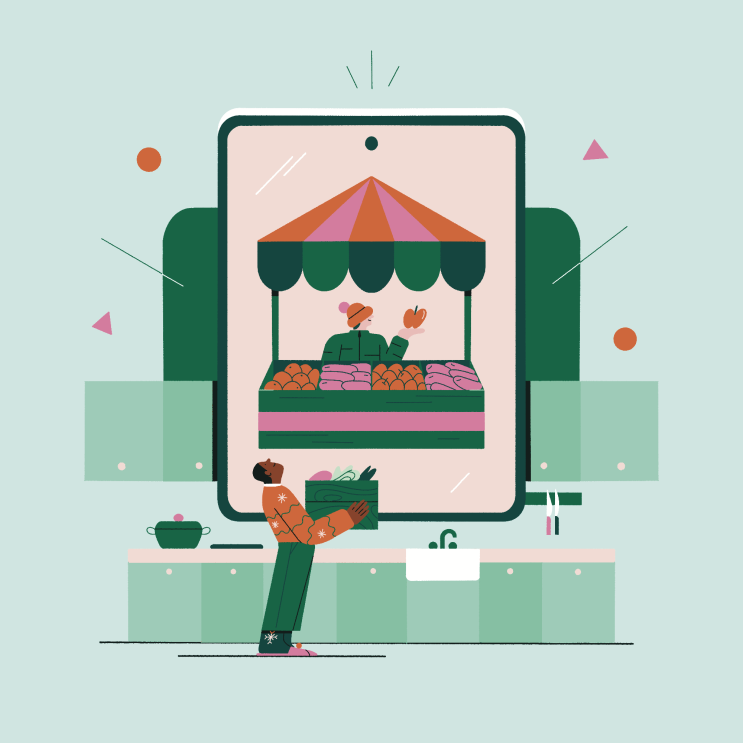 A colorful illustration of a person in a kitchen holding groceries while looking at an Amazon device.