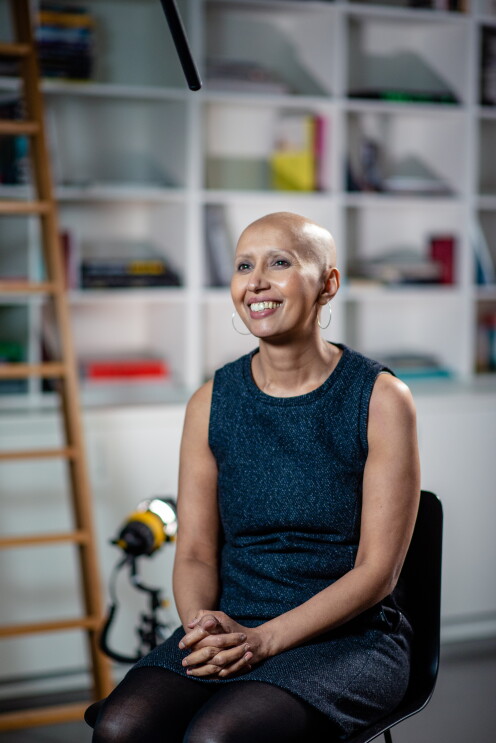 Balvinder Pawar sitting in the Amazon Fashion Studio's library