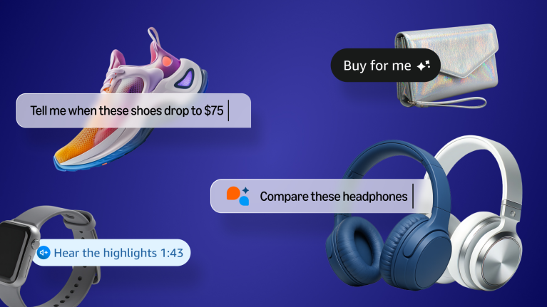 Amazon shopping assistant interface with athletic shoes, handbag, smartwatch, and headphones
