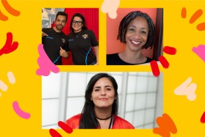 A collage of various Amazon leaders with a colorful yellow, orange, red, and pink background.