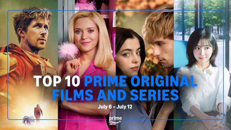 Promotional banner featuring characters from Prime Video content, with text announcing Top 10 Prime Original Films and Series for July 6-July 12