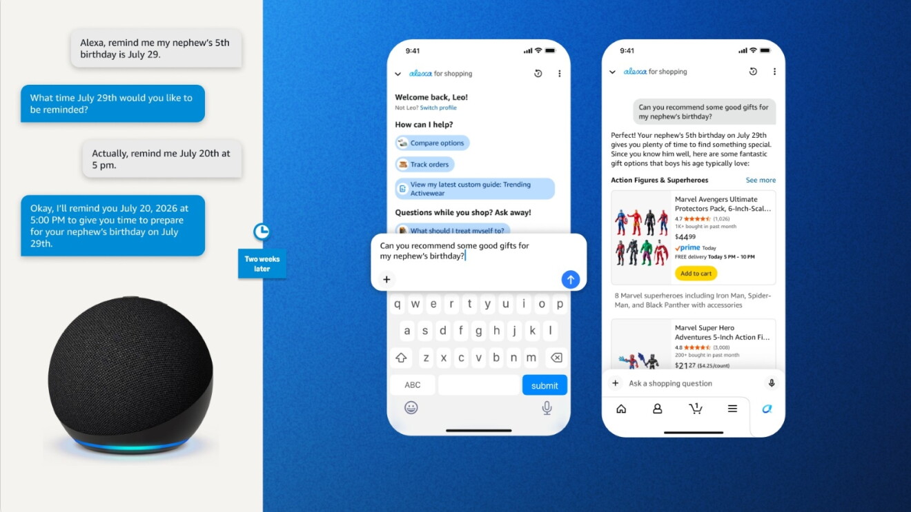 Alexa for Shopping with conversation bubbles showing birthday reminder setup and shopping suggestions for Marvel action figures
