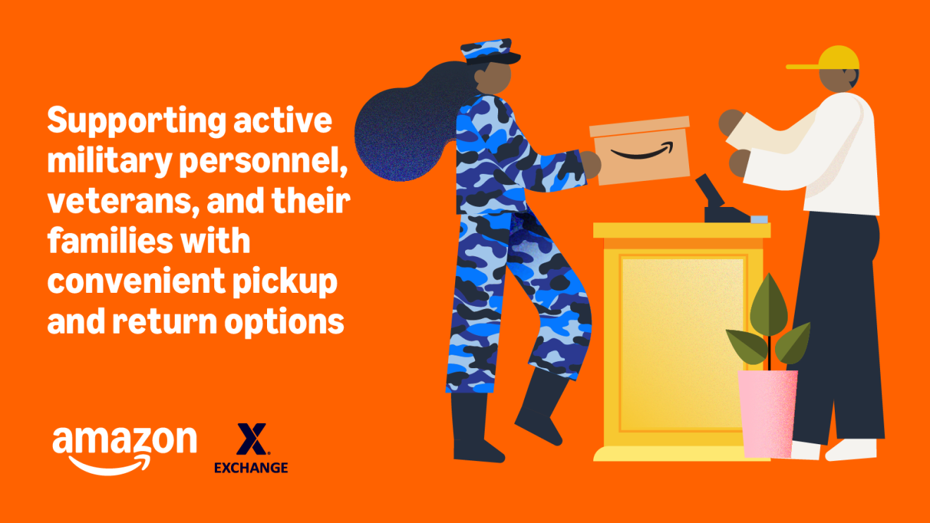 Illustration showing military member receiving package from Amazon worker; Amazon partners with Exchange to support military personnel and families