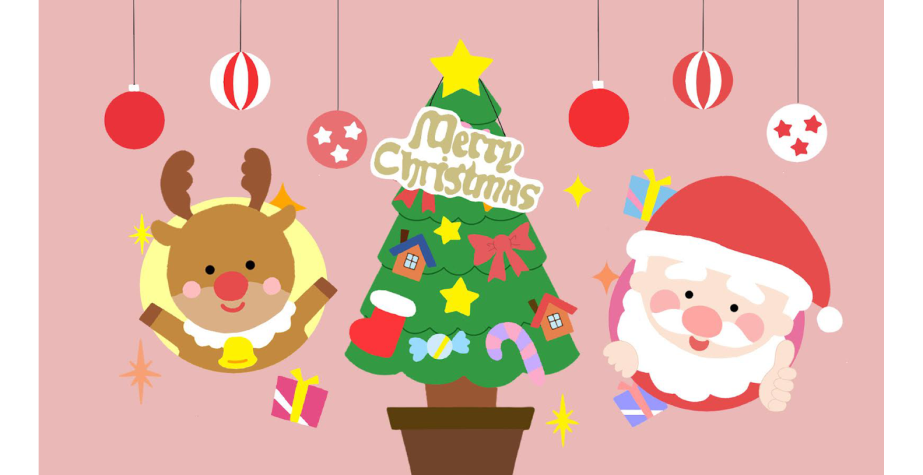 ピンク地にトナカイ、サンタ、クリスマスツリーが描かれた可愛いイラスト。