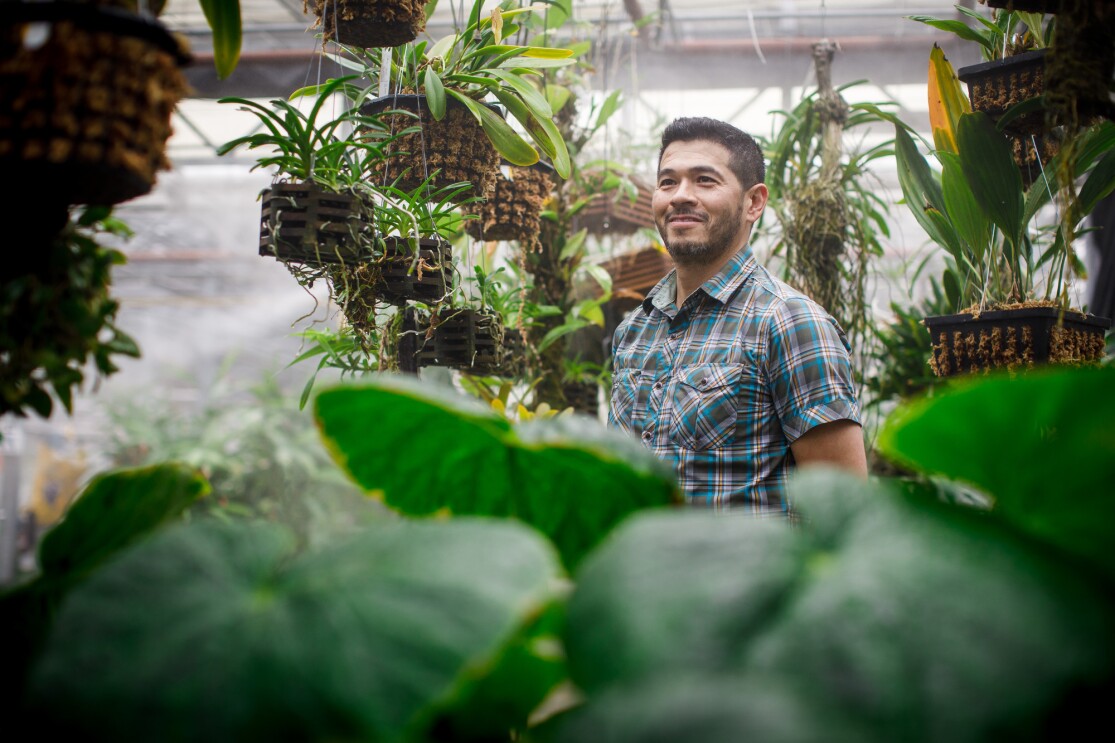 Amazon horticulturist Michael Fong in greenhouse