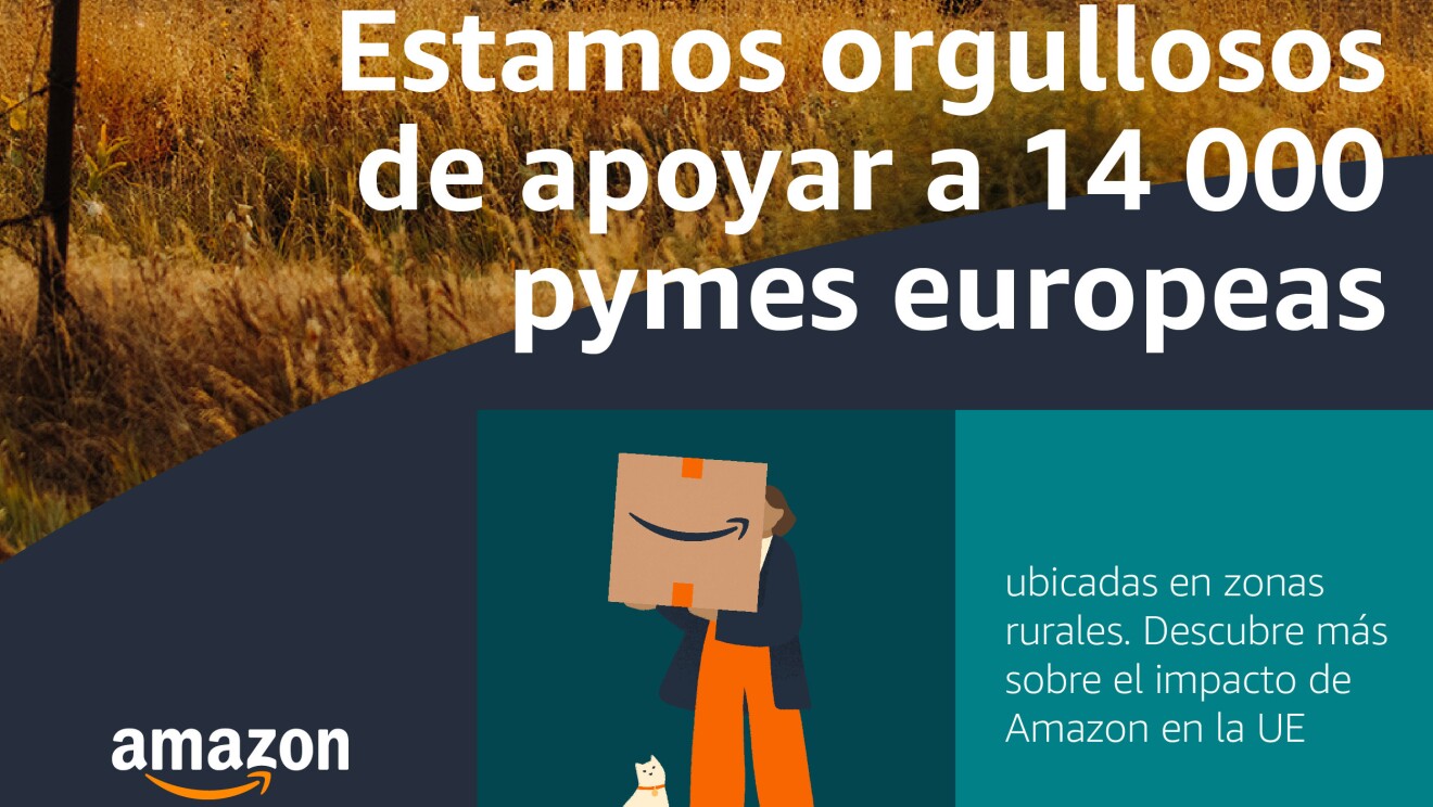 Infografía con una foto de fondo y en el faldón inferior este texto: Estamos orgullosos de apoyar a 14 000 pymes europeas ubicadas en zonas rurales. Descubre más sobre el impacto de Amazon en la UE. 