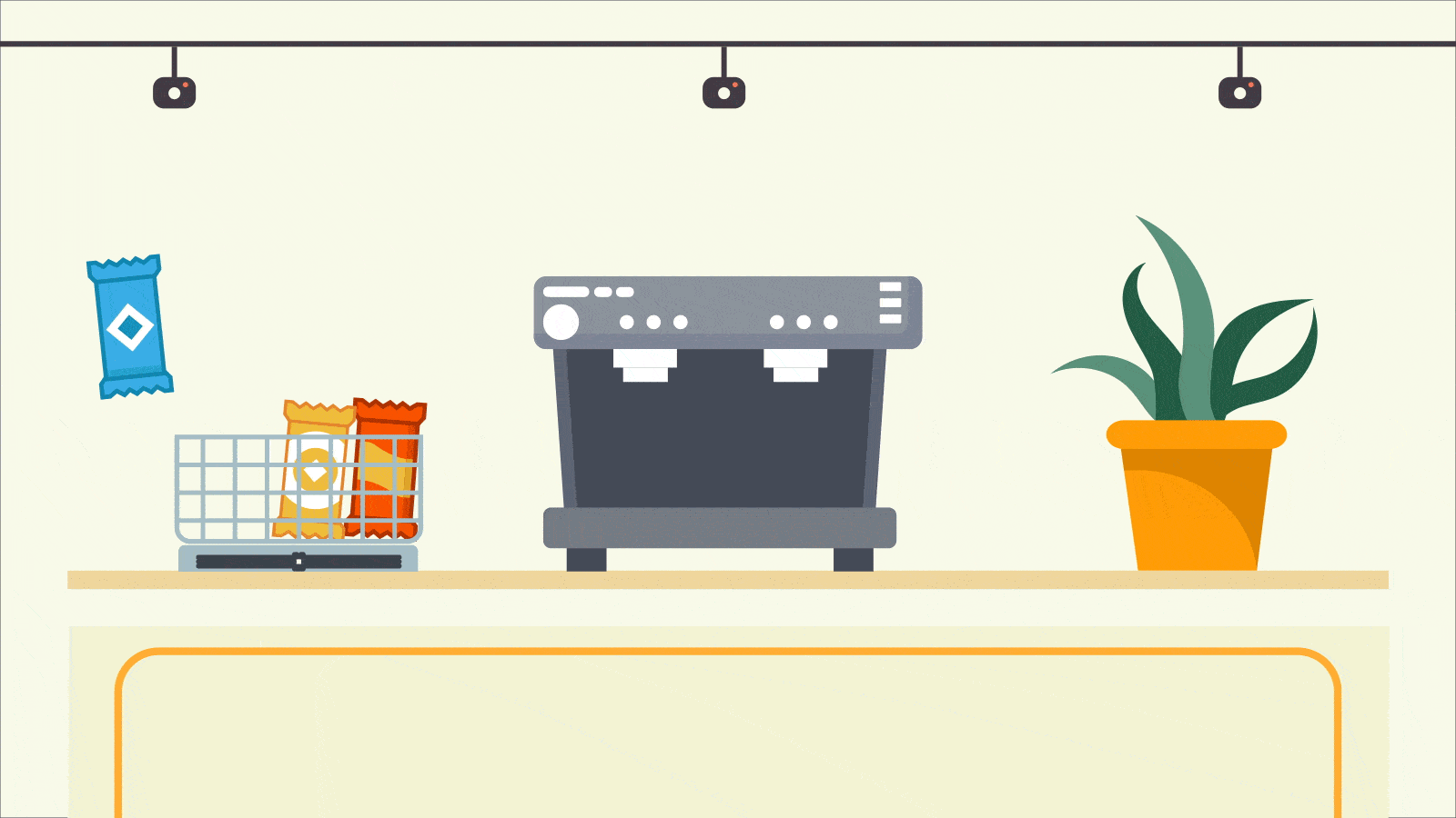 An animated gif of food items in a basket, a coffee machine and a plant