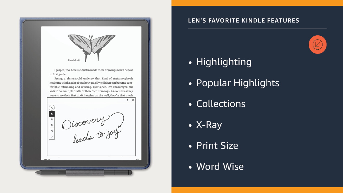 An image of the new Kindle scribe on the left and text on the right that reads "Len's favorite kindle features" with a bulleted list with the following words: Highlighting, Popular Highlights, Collections, X-Ray, Print Size, Word Wise.