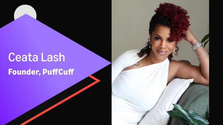 Founder of PuffCuff posing elegantly in white one-shoulder top