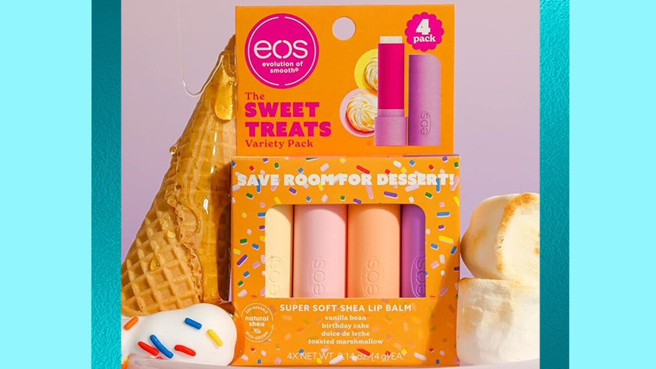 4-pack EOS shea lip balm set in pastel colors