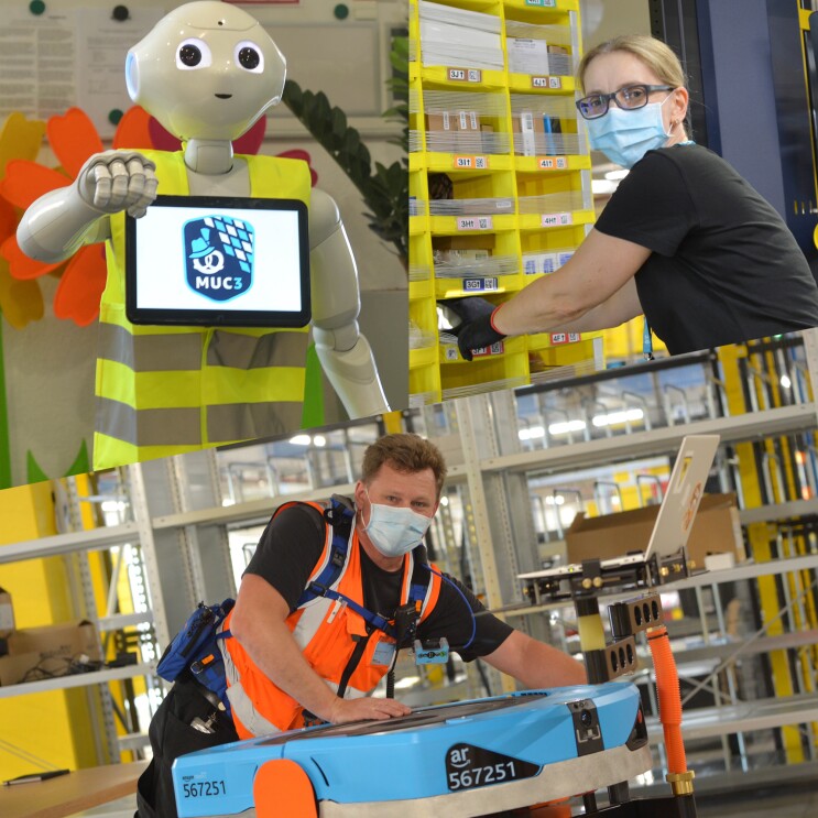 Collage: Robotics-Techniker, Pepper der Roboter und Amazon Versandmitarbeiterin