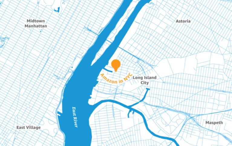 Map of the New York City area with a pin placed to illustrate the location of a new Amazon headquarters.
