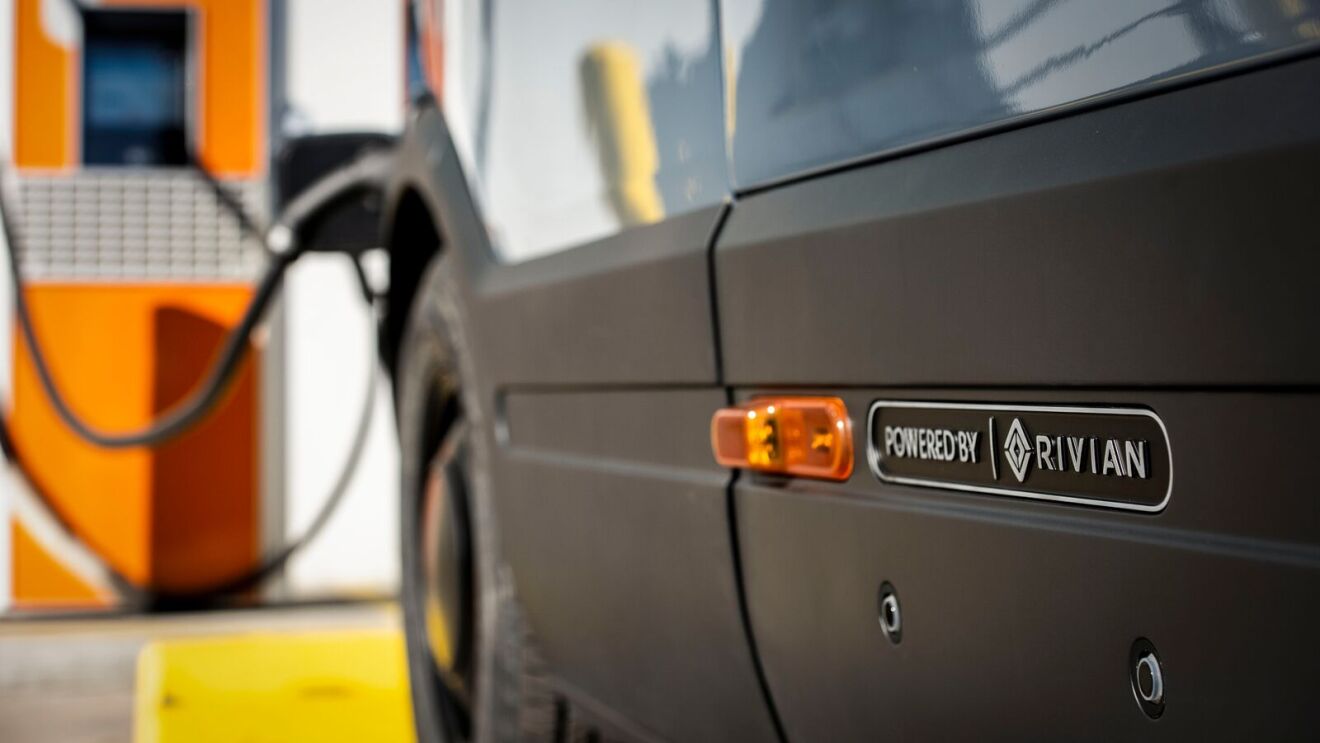 close up of an Amazon Delivery Van powered by Rivian