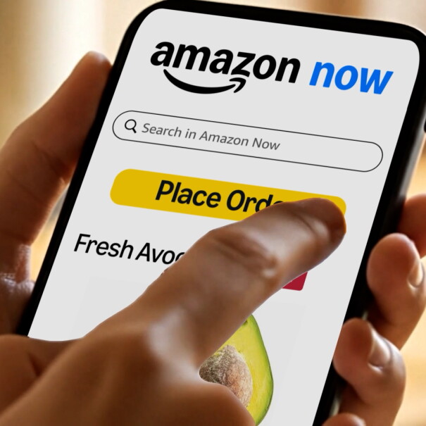 hands holding a phone with screen showing amazon now app