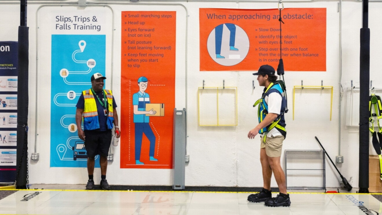 Amazon employees reviewing safety training on slips, trips, and falls