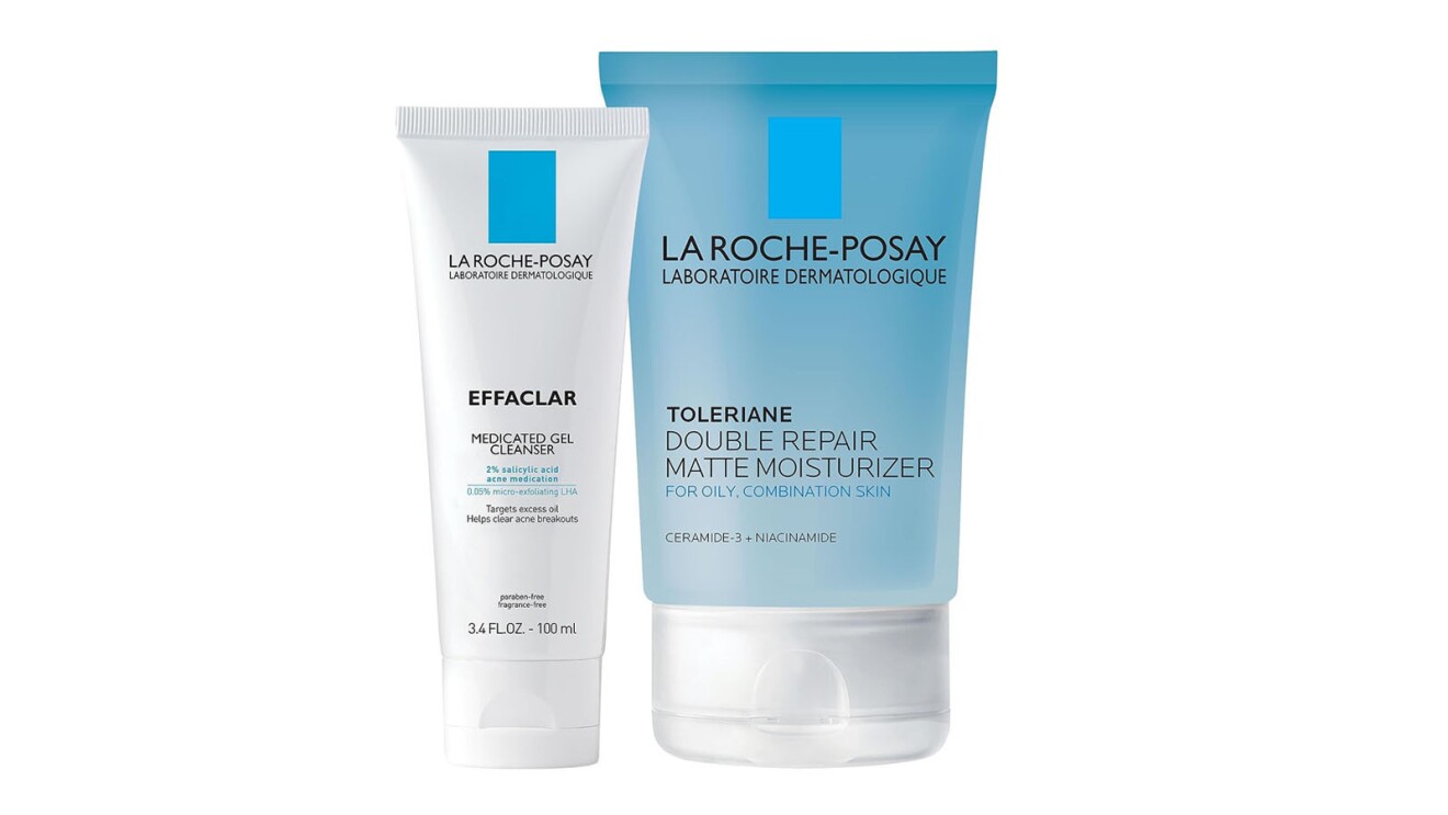 An image of two skincare items from La Roche Posay. One is a small, white tube of medicated gel cleanser with a blue, square logo at the top of the tube. The second is a slightly larger tube that is blue with a white cap, it contains the double repair matte moisturizer.