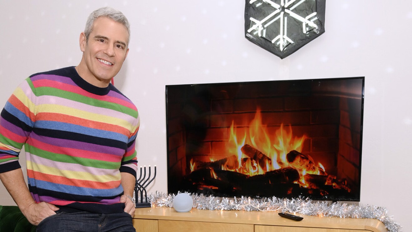 安迪·科恩靠着旁边的一个绿色的沙发和一台电视和一个壁炉燃烧木材在屏幕上。