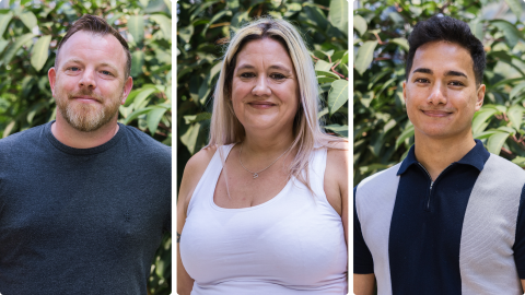 Three photos of Amazon employees in casual wear, smiling in front of greenery
