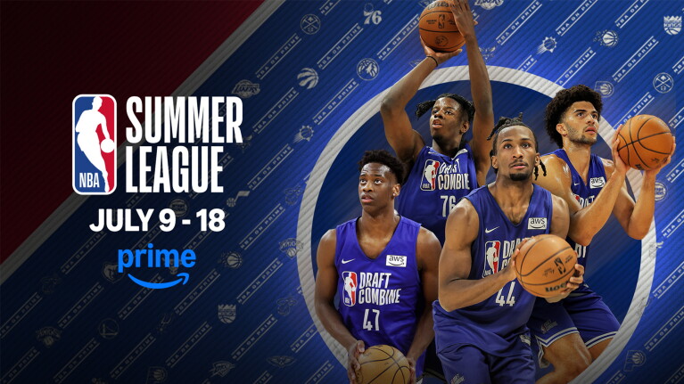 NBA Summer League promotional banner featuring four players in Draft Combine jerseys, July 9-18 on Prime Video.