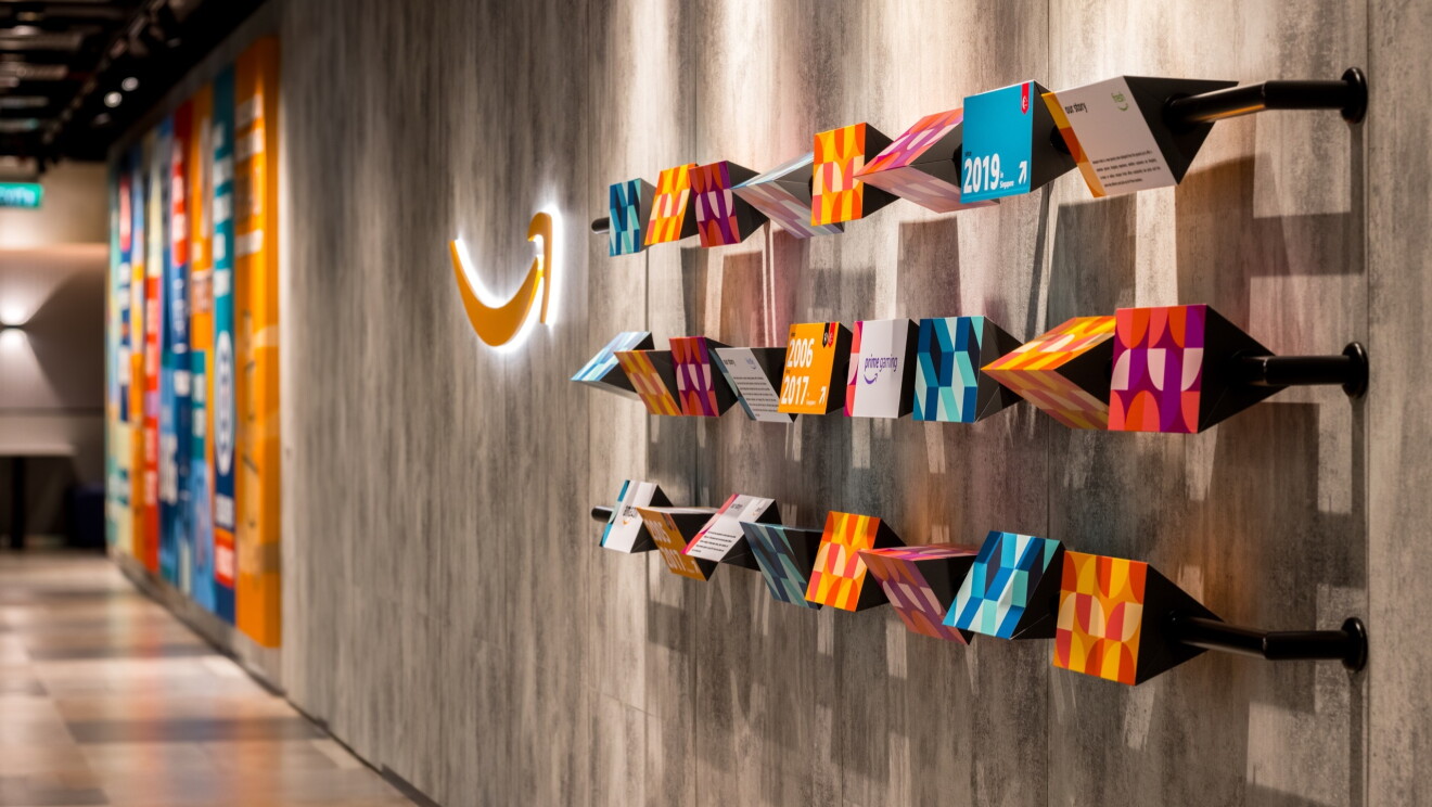 A wall at Sin16 showing a timeline of Amazon's history 
