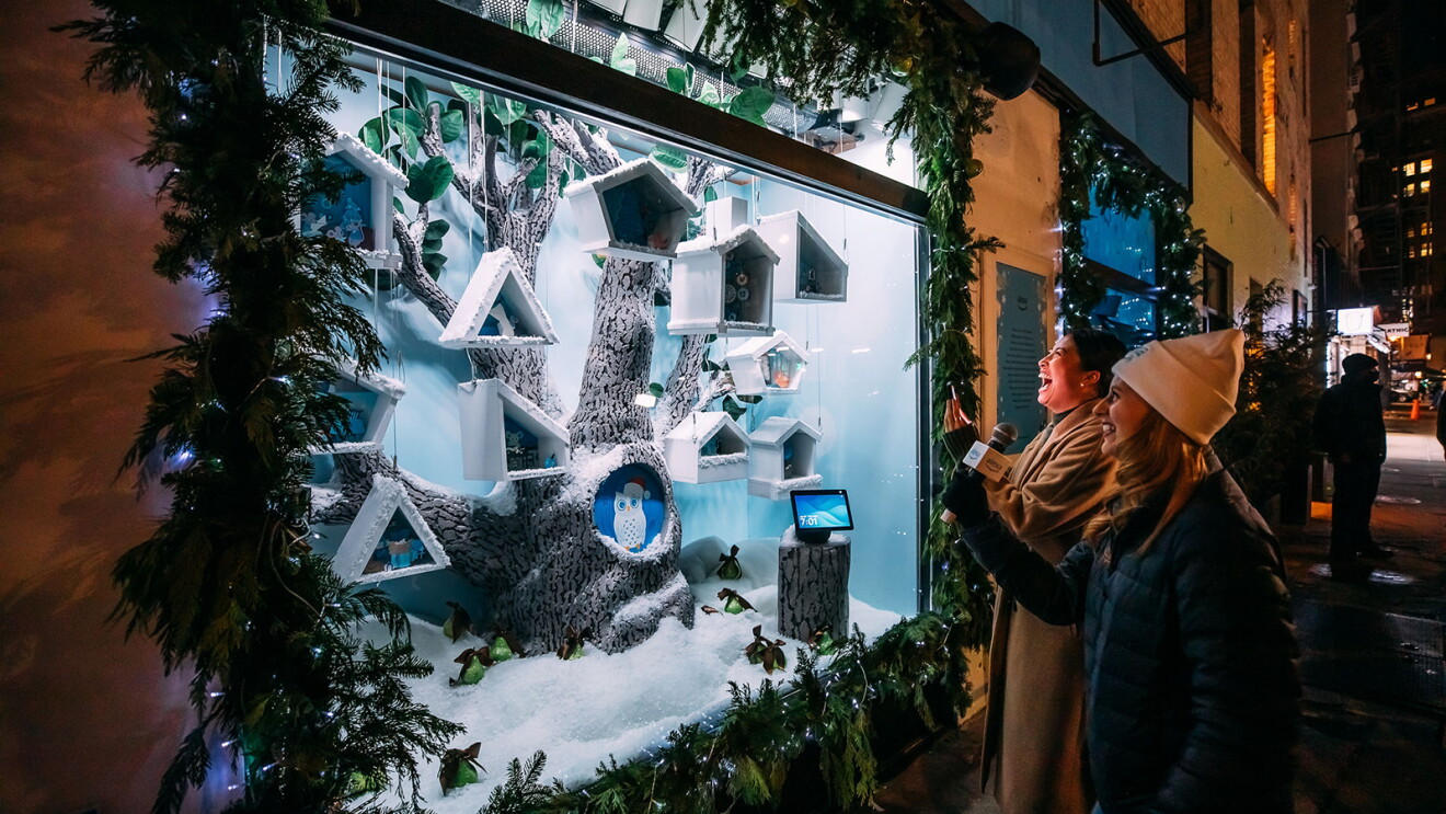An image of the Alexa holiday window display in New York City