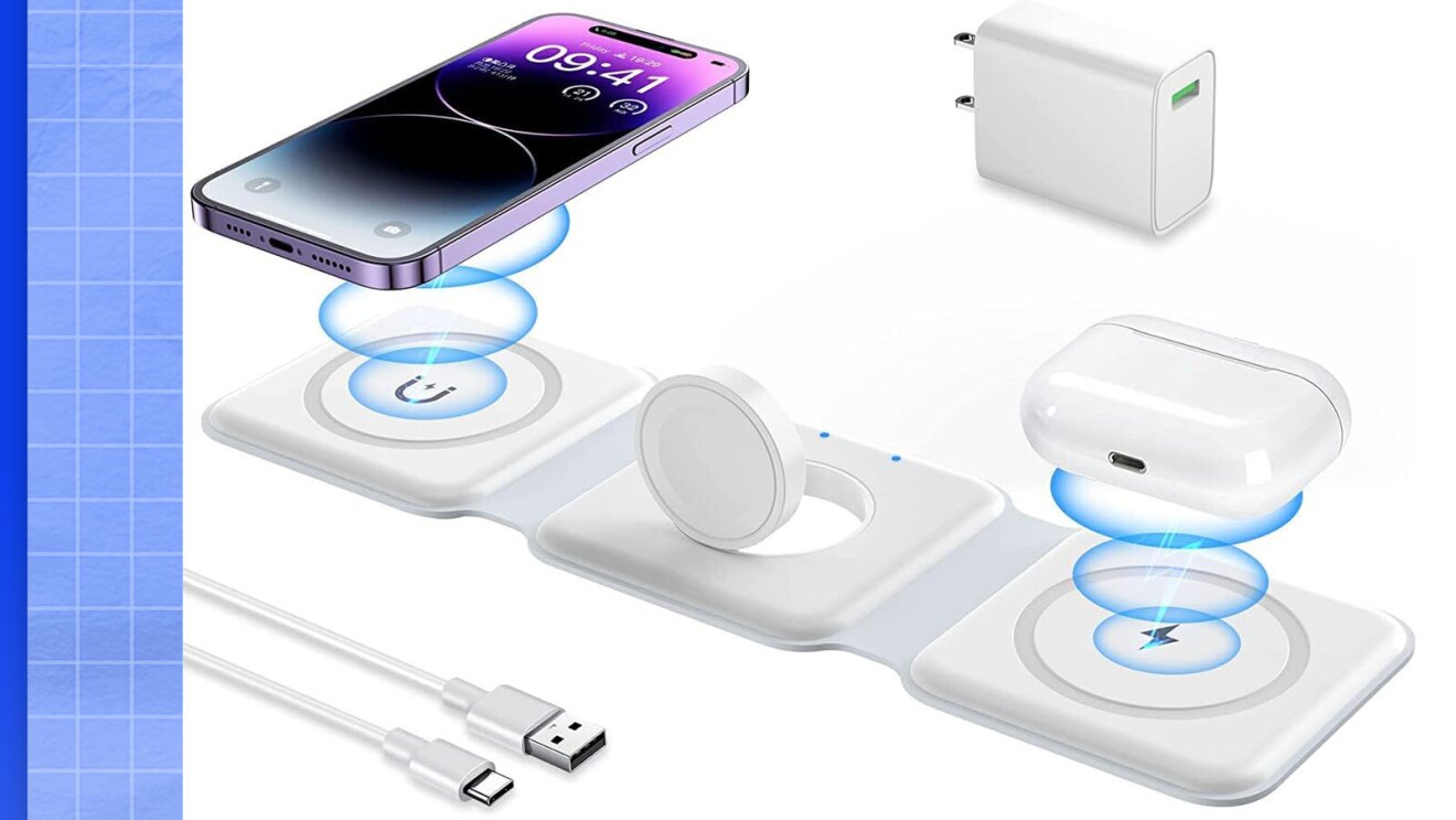 Image of wireless charger that is compatible with multiple Apple devices.