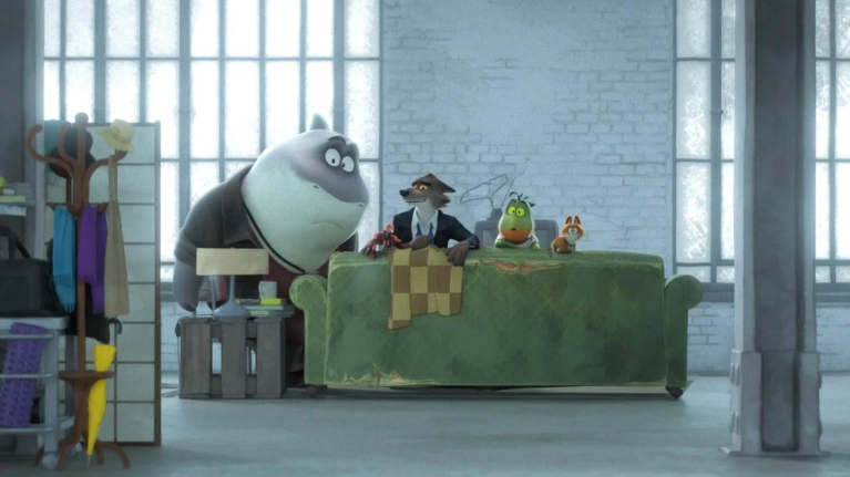 Animated characters lounging on green couch in bright, minimalist room